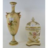 A large Royal Worcester blush ivory vase, with mask handles, painted flowers and foliage, 1401,