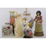 A Continental porcelain vase and cover, decorated flowers, 28 cm high, other ceramics and glass (2