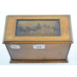 A fruitwood table top stationery box, the lid inset a coaching scene, 22 cm wide