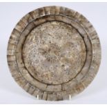 An Indo-Portuguese Goan plate, mounted with mother of pearl, with silver coloured metal mounts and