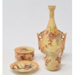 A Royal Worcester blush ivory vase, decorated flowers, 982, 17 cm high, a similar box and cover, and