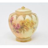 A Royal Worcester blush ivory jar and cover, painted flowers, 1312, 13.5 cm high