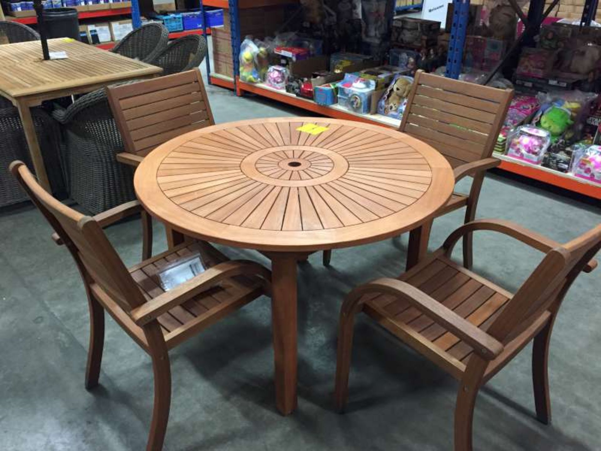 BRAND NEW BOXED ALMERIA ROUND GARDEN TABLE WITH 4 X ALMERIA STACKING CHAIRS