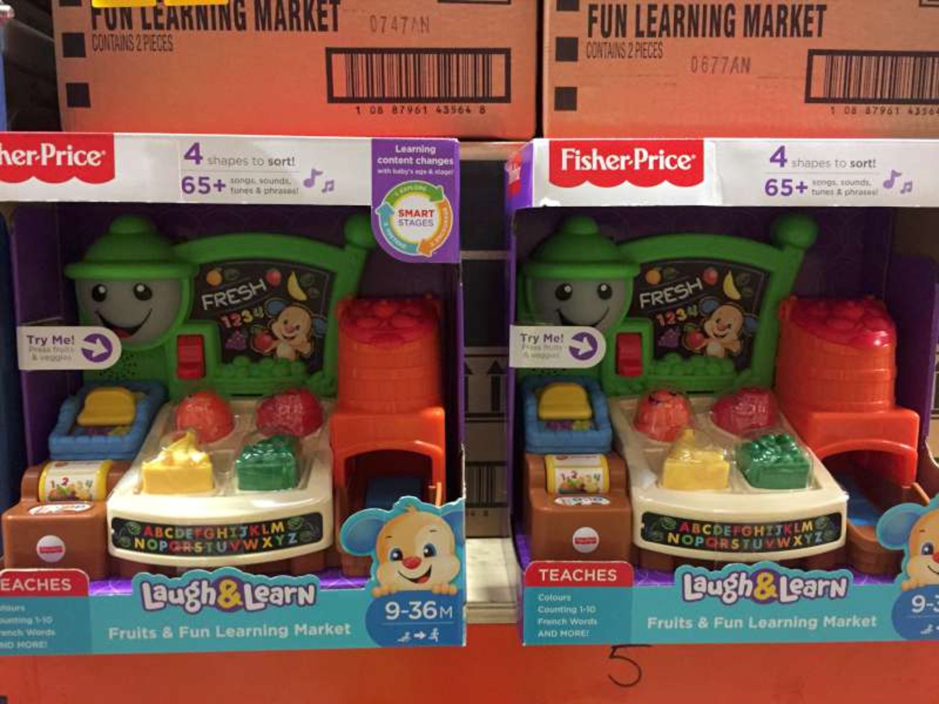 6 X BRAND NEW BOXED FISHER PRICE LAUGH AND LEARN FRUITS AND FUN LEARNING MARKET IN 2 BOXES AND 2 X