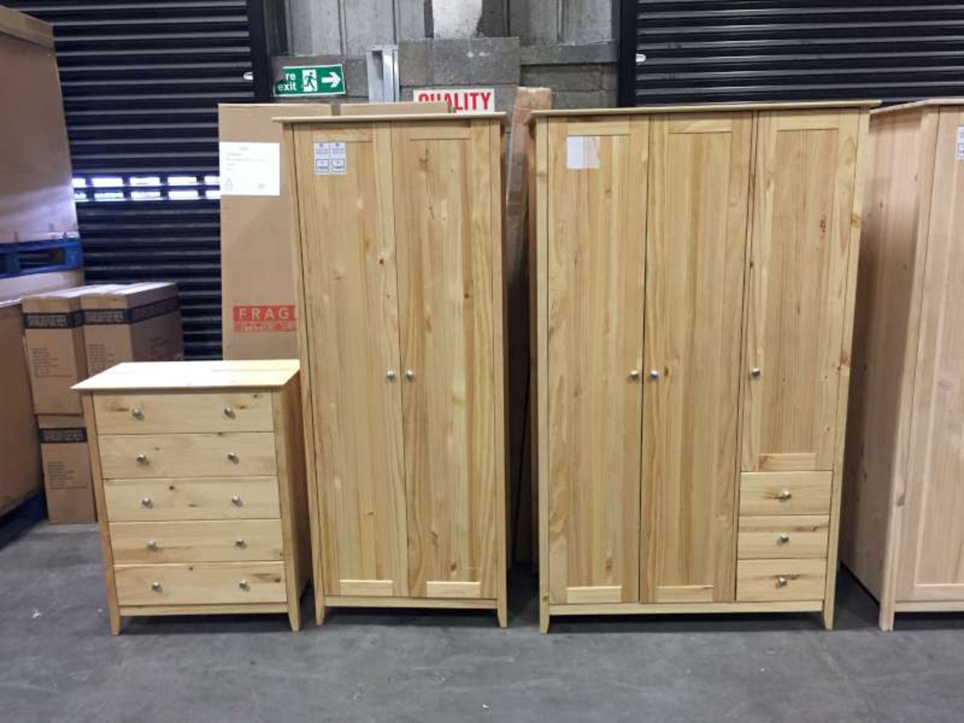 LOT CONTAINING BRAND NEW BOXED SKANDI 3 DOOR 3 DRAWER NATURAL VARNISHED WARDROBE IN 2 BOXES, BRAND