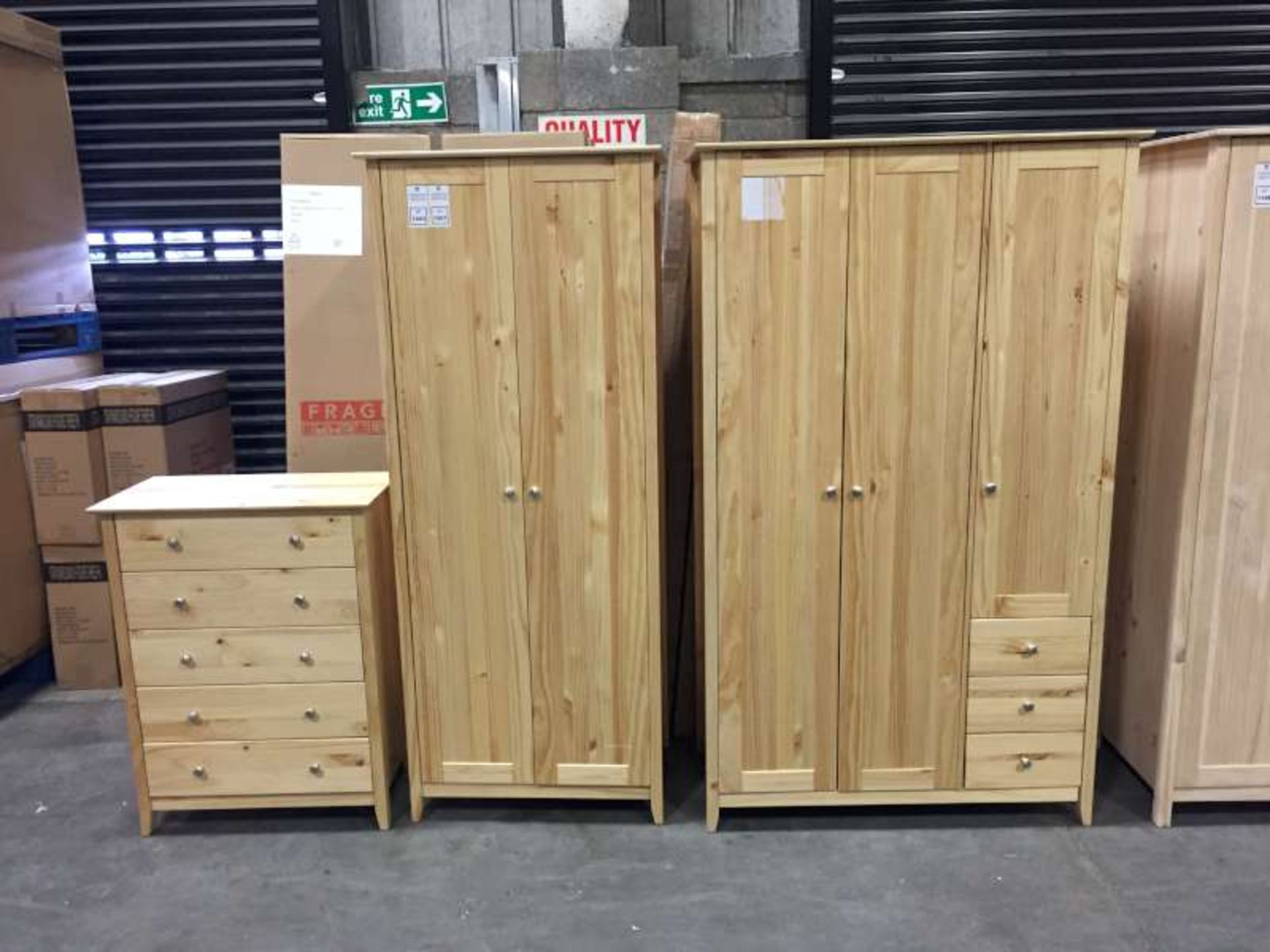 LOT CONTAINING BRAND NEW BOXED SKANDI 3 DOOR 3 DRAWER NATURAL VARNISHED WARDROBE IN 2 BOXES, BRAND