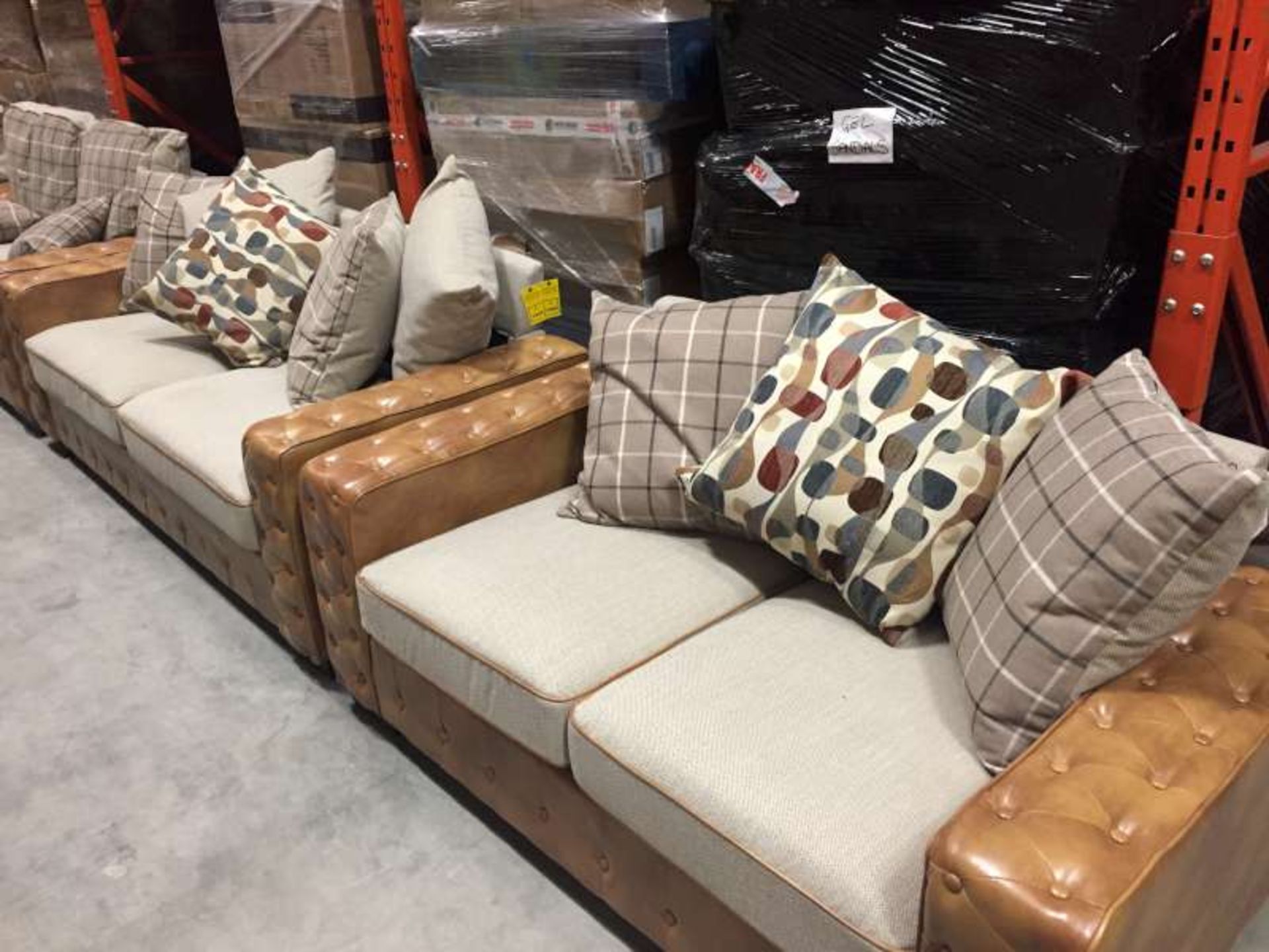 BRAND NEW BOXED 3 + 2 SEATER TAN COLOURED SCATTER BACK SOFAS