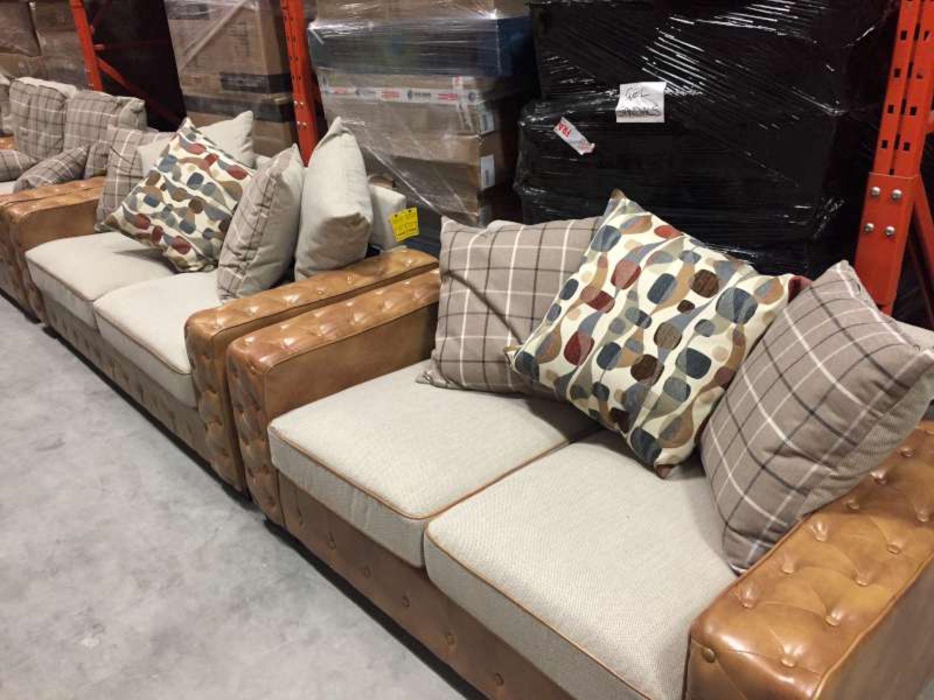 BRAND NEW BOXED 3 + 2 SEATER TAN COLOURED SCATTER BACK SOFAS