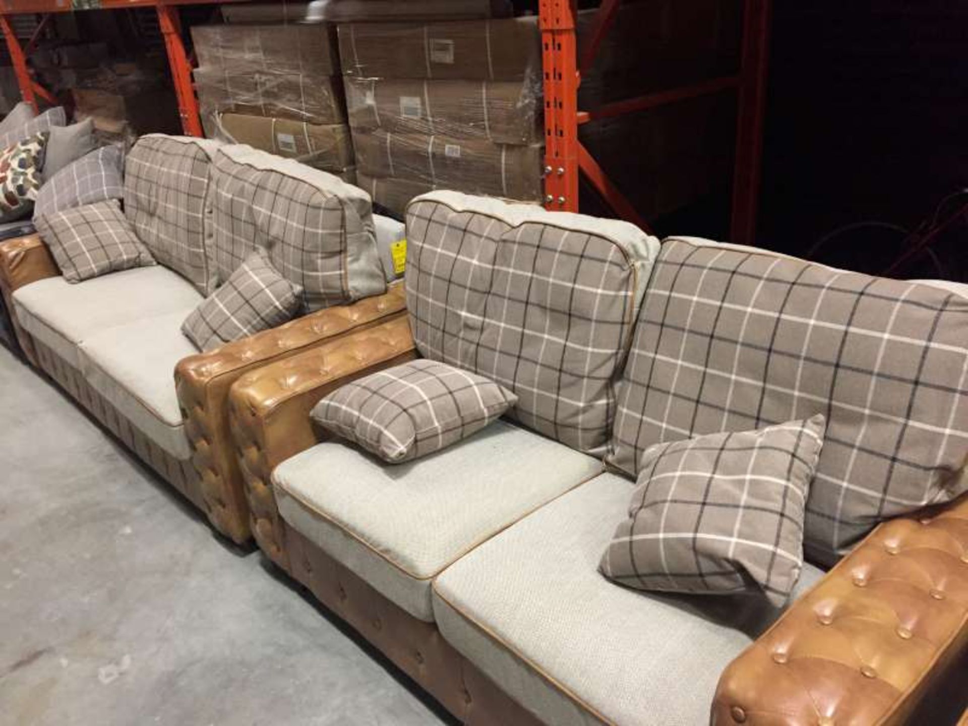 BRAND NEW BOXED 3 + 2 SEATER TAN COLOURED FIXED BACK SOFAS