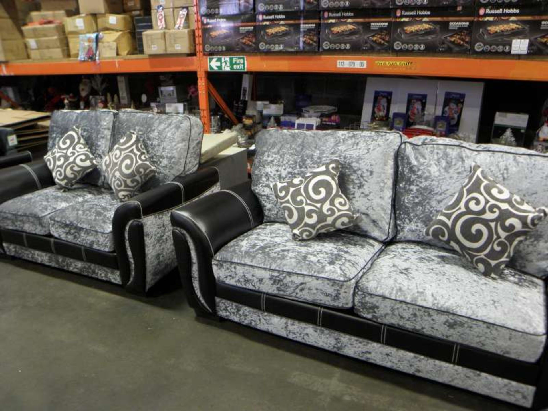 BRAND NEW PACKAGED 3 + 2 RIO FIX BACK BLACK SOFAS WITH CHENILLE STEEL FABRIC SEATING