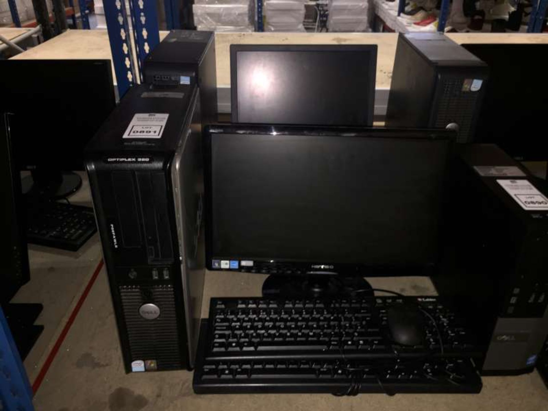2 X DELL PC BASE UNITS WITH DELL / HANNS - G FLATSCREEN MONITORS, 3 X COMPUTER KEYBOARDS, 1 X