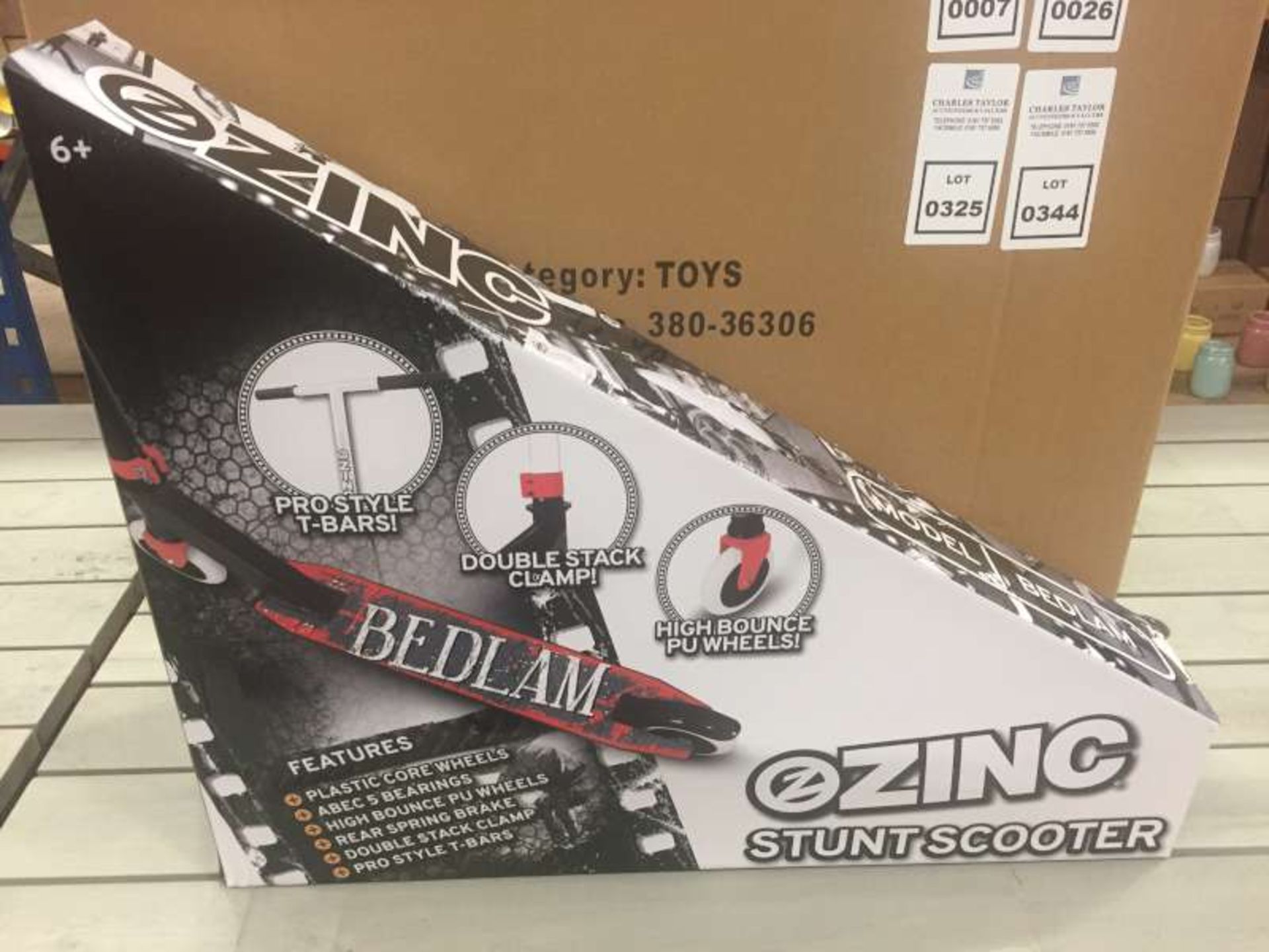 6 X BRAND NEW BOXED ZINC BEDLAM STUNT SCOOTERS IN 3 BOXES