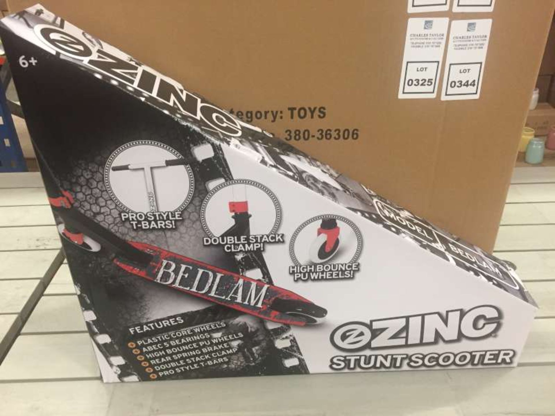 6 X BRAND NEW BOXED ZINC BEDLAM STUNT SCOOTERS IN 3 BOXES