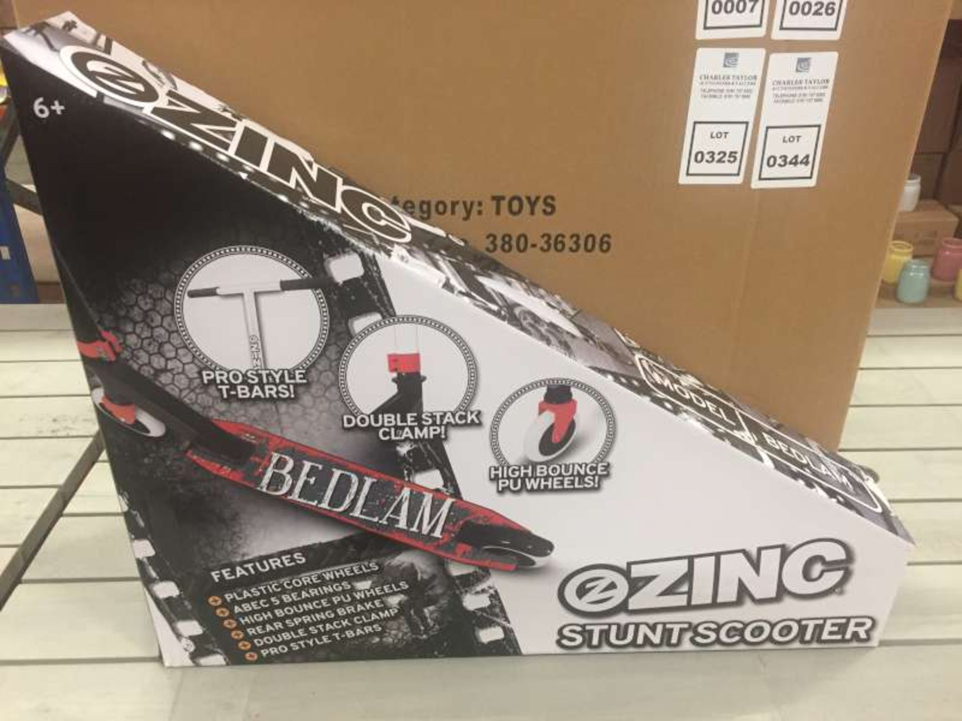 6 X BRAND NEW BOXED ZINC BEDLAM STUNT SCOOTERS IN 3 BOXES