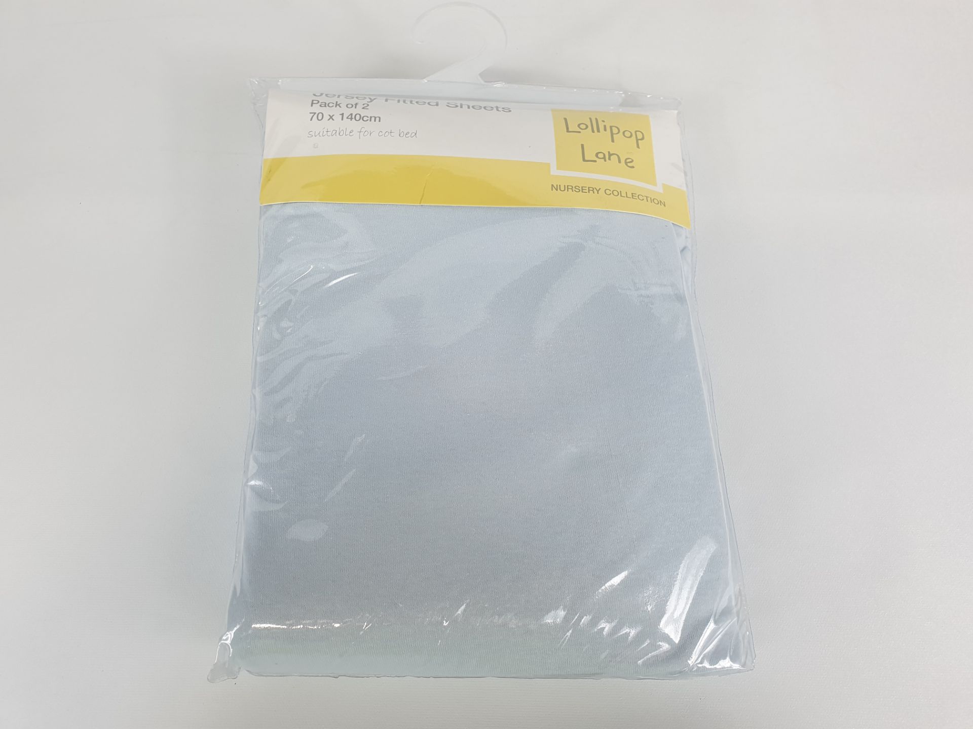 30 X PACKS OF 2 BLUE LOLLIPOP LANE JERSEY FITTED SHEETS SIZE 70 X 140 CM