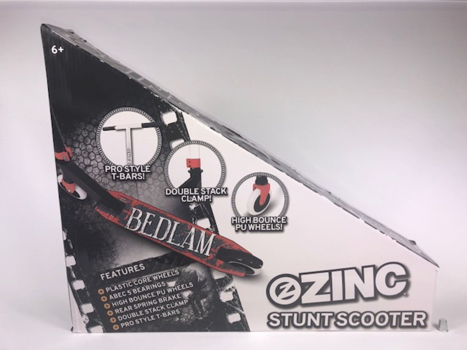 6 X BRAND NEW BOXED BEDLAM ZINC STUNT SCOOTERS IN 3 BOXES