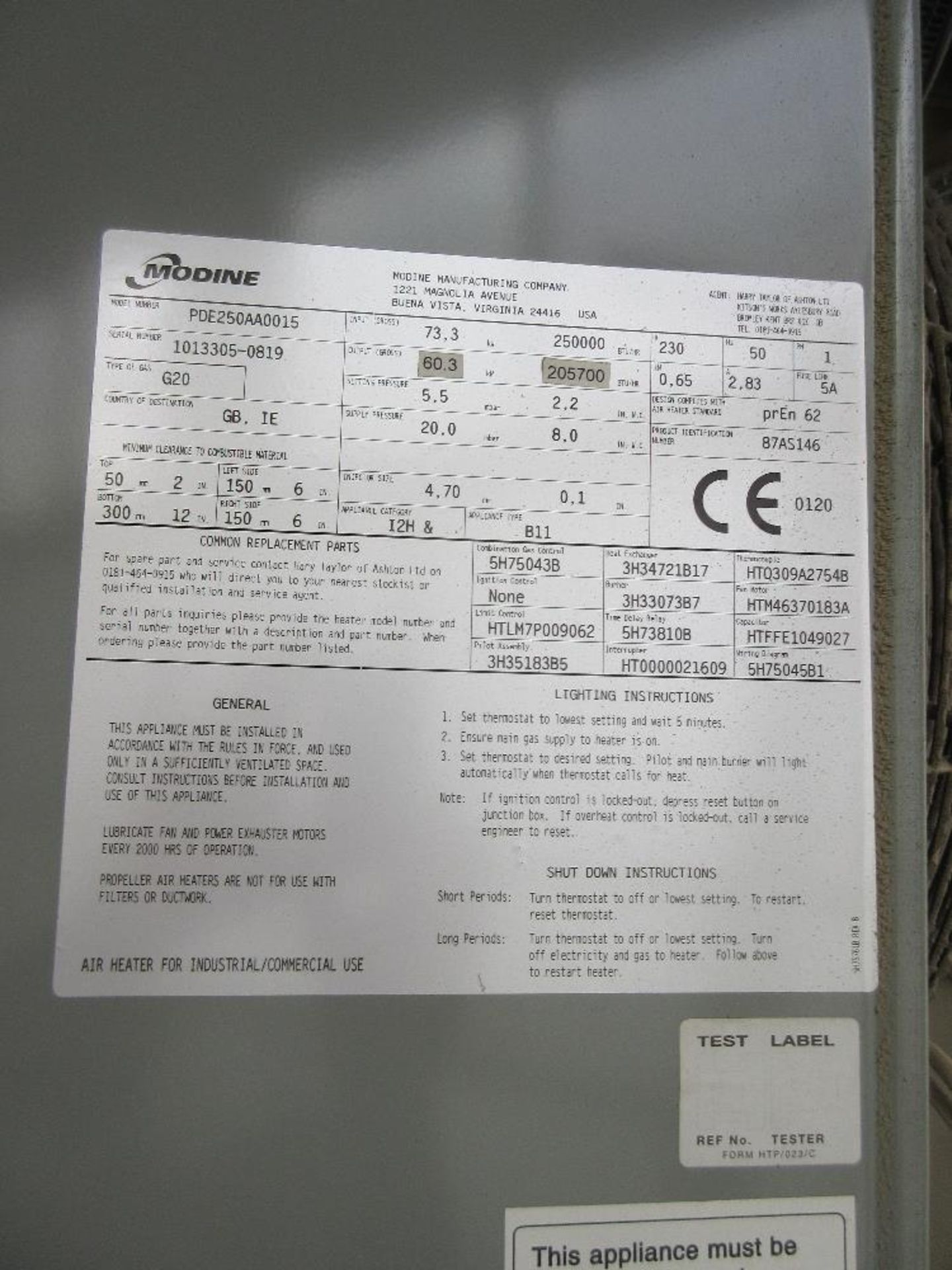 Modine PDE250AA015 gas fired industrial space heater, serial no: 1013305-018, NB: this unit is fixed - Image 2 of 5