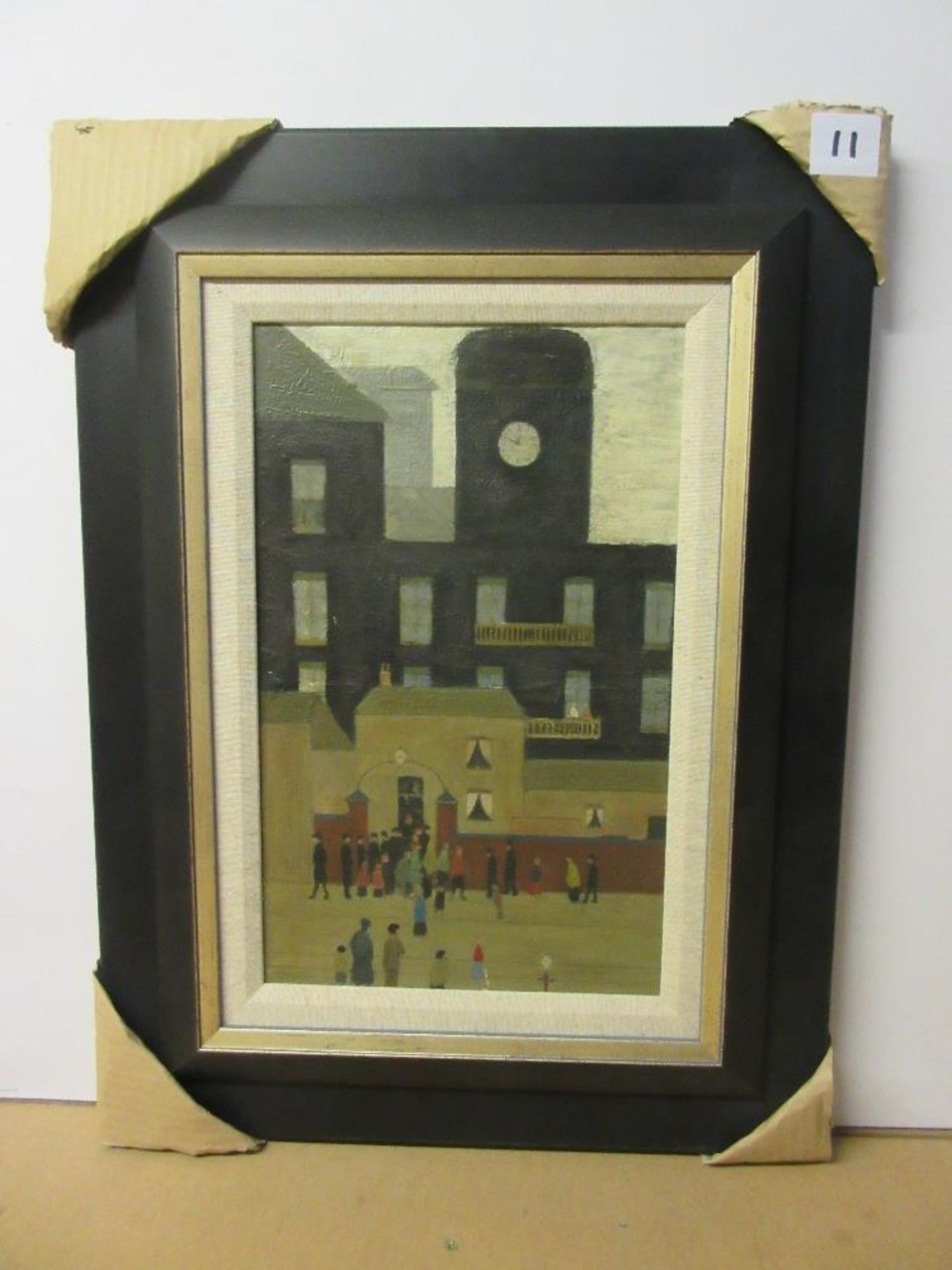 LS Lowry - Clock Tower with Figures; copy by George Aird in oil, framed, not signed. Picture size