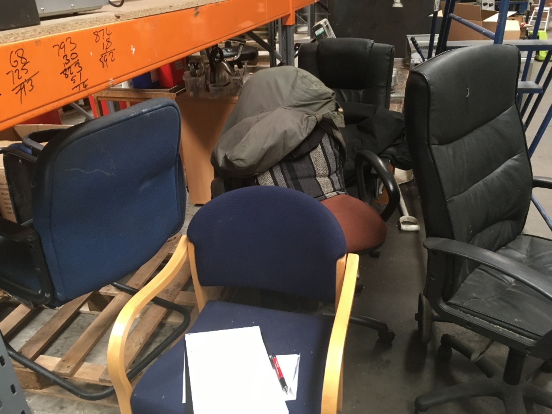 Quantity of various office furniture and equipment to include 12 various chairs, 2 two drawer