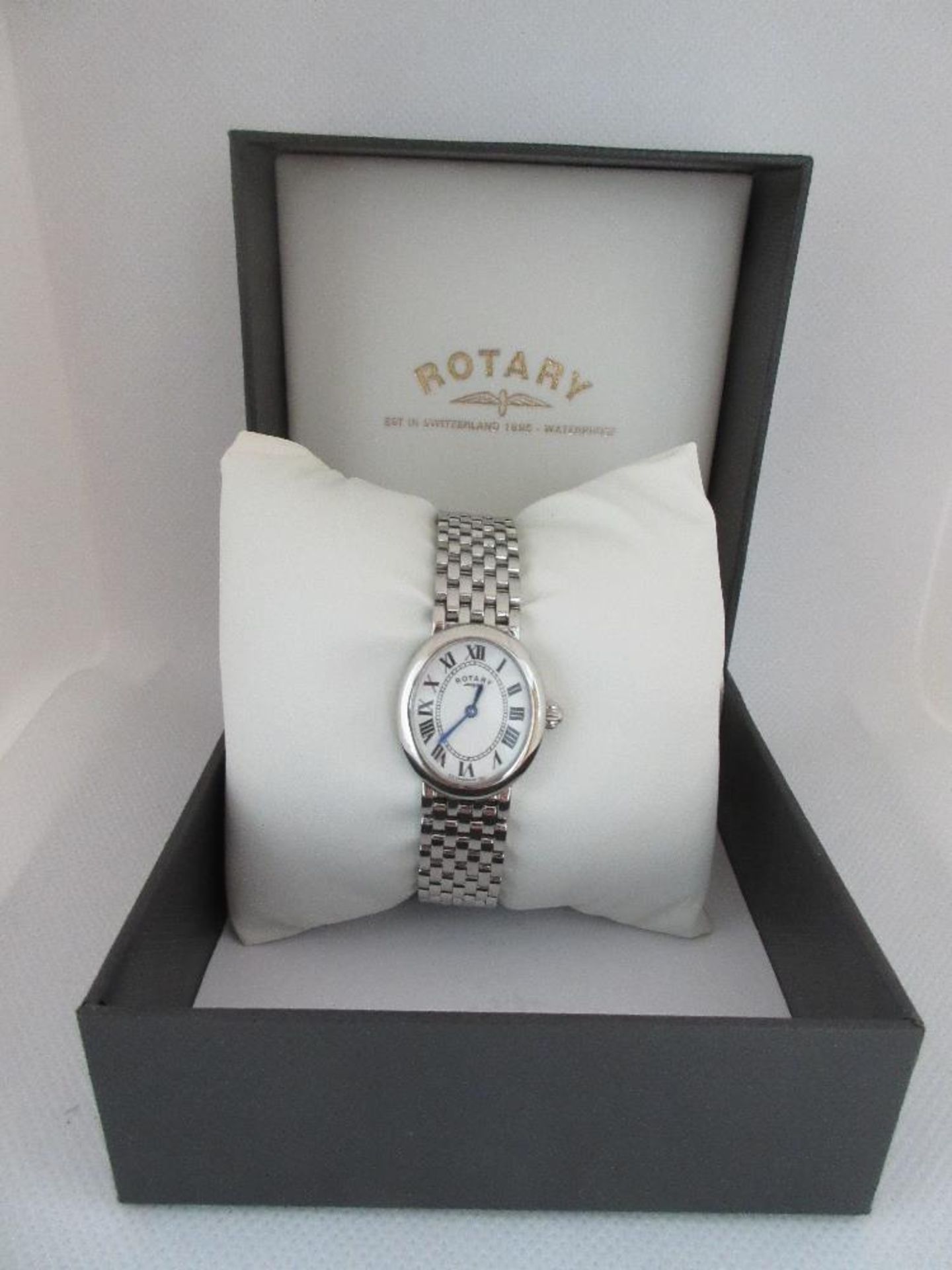 ROTARY FEMALE WATCH, MODEL LB02467/32, CASE DIAMETER 23MM, STAINLESS STEEL STRAP, BOXED, RRP £ 139