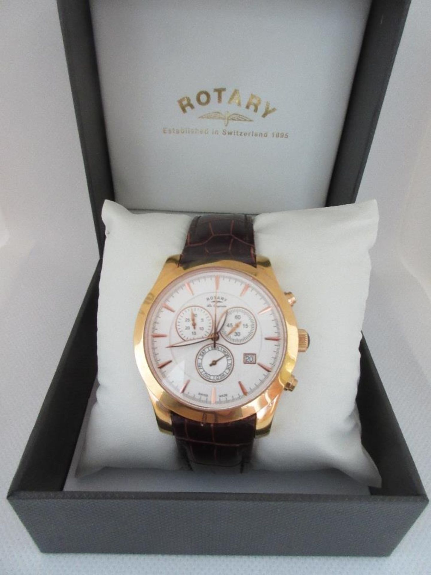 ROTARY MALE WATCH, MODEL 13299, CASE DIAMETER 42MM, LEATHER STRAP, BOXED