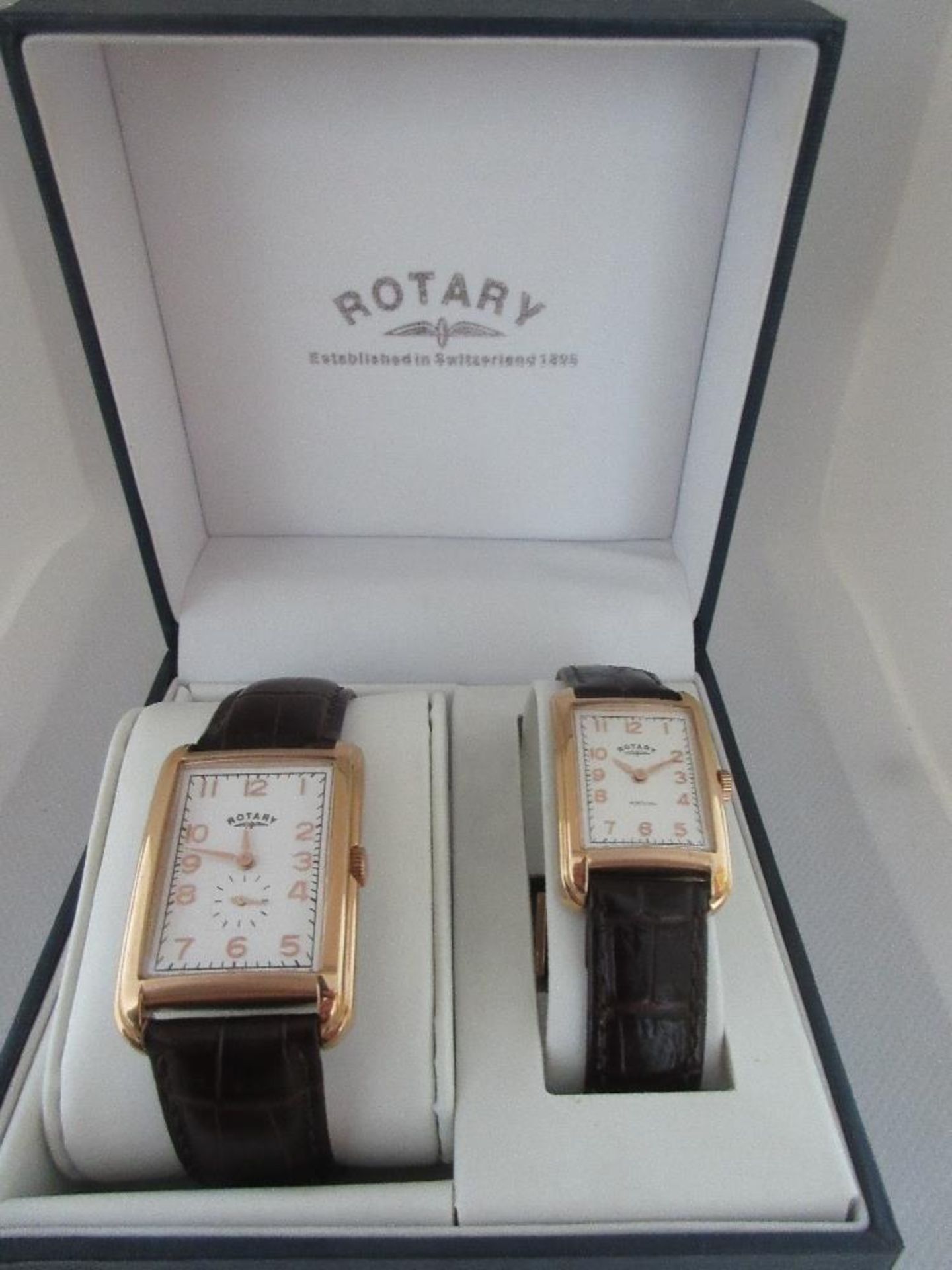 ROTARY SET WATCH, MODEL GS02699/01 & LS02699/01, CASE DIAMETER 29MM & 23MM, LEATHER STRAP, BOXED,