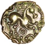 Gisleham Glory. Talbot dies A/1.c.40-20 BC. Celtic gold quarter stater. 10mm. 1.00g.