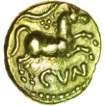 Cunobelinus Plastic with Pellet Triad. c.AD8-41. Celtic gold quarter stater. 11mm. 1.29g.