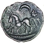 Crown Proto Boar. Two Pellets below Horse. c.55-45 BC. Celtic silver unit. 15mm. 1.36g.