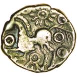 Cheriton Cogwheel Smiler. c.50-40 BC. Celtic gold quarter stater. 11mm. 1.00g.