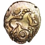 Gisleham Glory. Talbot dies A/3.c.40-20 BC. Celtic gold quarter stater. 10-13mm. 0.94g.