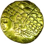 Gallo-Belgic Broad Flan. Left. Bellovaci. c.175-120 BC. Celtic large-flan gold stater. 24mm. 7.43g.