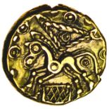 Corded Triangle. Weald Upright Box. c.50-40 BC. Celtic gold quarter stater. 11mm. 1.32g.