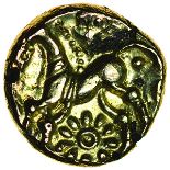 Wonersh. Left Type. c.55-45 BC. Celtic gold plated quarter stater. 10mm. 0.66g.