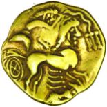 Baton Crest. Veneti. Morbihan, southern Brittany. c.160-140 BC. Celtic gold stater. 20mm. 7.36g.