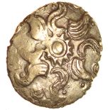 Danebury Scrolls. c.60-50 BC. Celtic gold quarter stater. 13mm. 1.20g.
