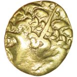 Gallo-Belgic Broad Flan. Large-flan Celtic gold quarter stater. 12-14mm. 1.83g.