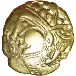 Chubby Cheek. Charioteer and Boar Type. c.80-50 BC. Celtic gold half stater. 20mm. 3.06g.