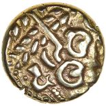 Norfolk Wolf.Right Type with Hook Fibula & Hidden Face. c.55-50 BC. Celtic gold stater. 16mm. 6.14g.