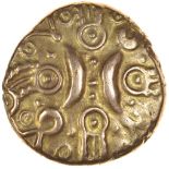 Tasciovanos Warrior. High Tail Type. c.25 BC-AD10. Celtic gold stater. 16mm. 5.42g.