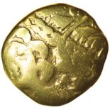 Gallo-Belgic Broad Flan. Left Type.Bellovaci. c.115-100 BC. Celtic gold quarter stater. 14mm. 1.62g.