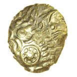 Three Wheels Left. c.50-30 BC. Celtic gold quarter stater. 11-14mm. 1.29g.