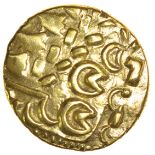 North East Coast. Left Type. c.60-50 BC. Celtic gold stater. 17mm. 6.16g.