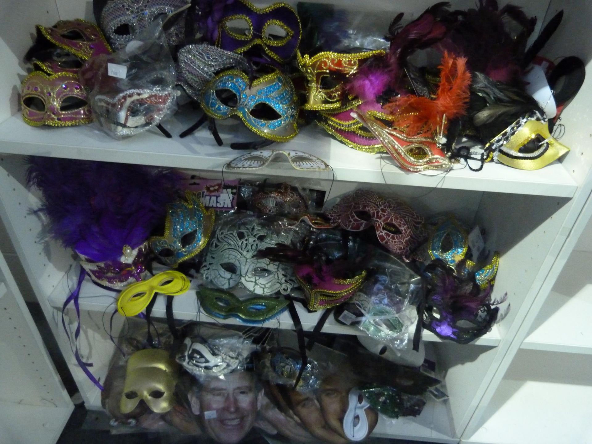 3 x Shelves of approx 100 New Masks of all shapes and sizes , Glasses Masks, Phantom Masks,