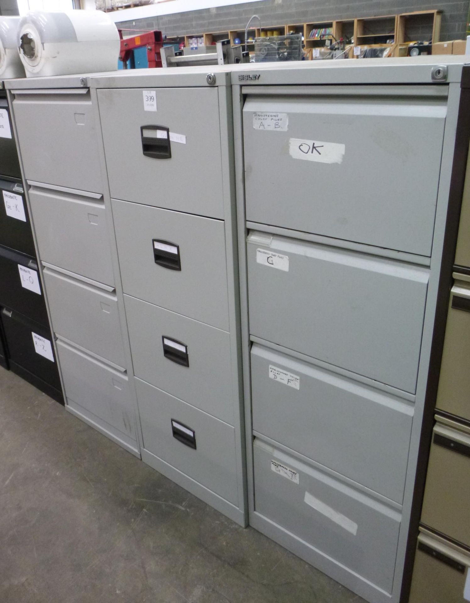 3 x Grey 4 Drawer Filing Cabinets. Please note there is £5 plus VAT Lift Out Fee on this lot.