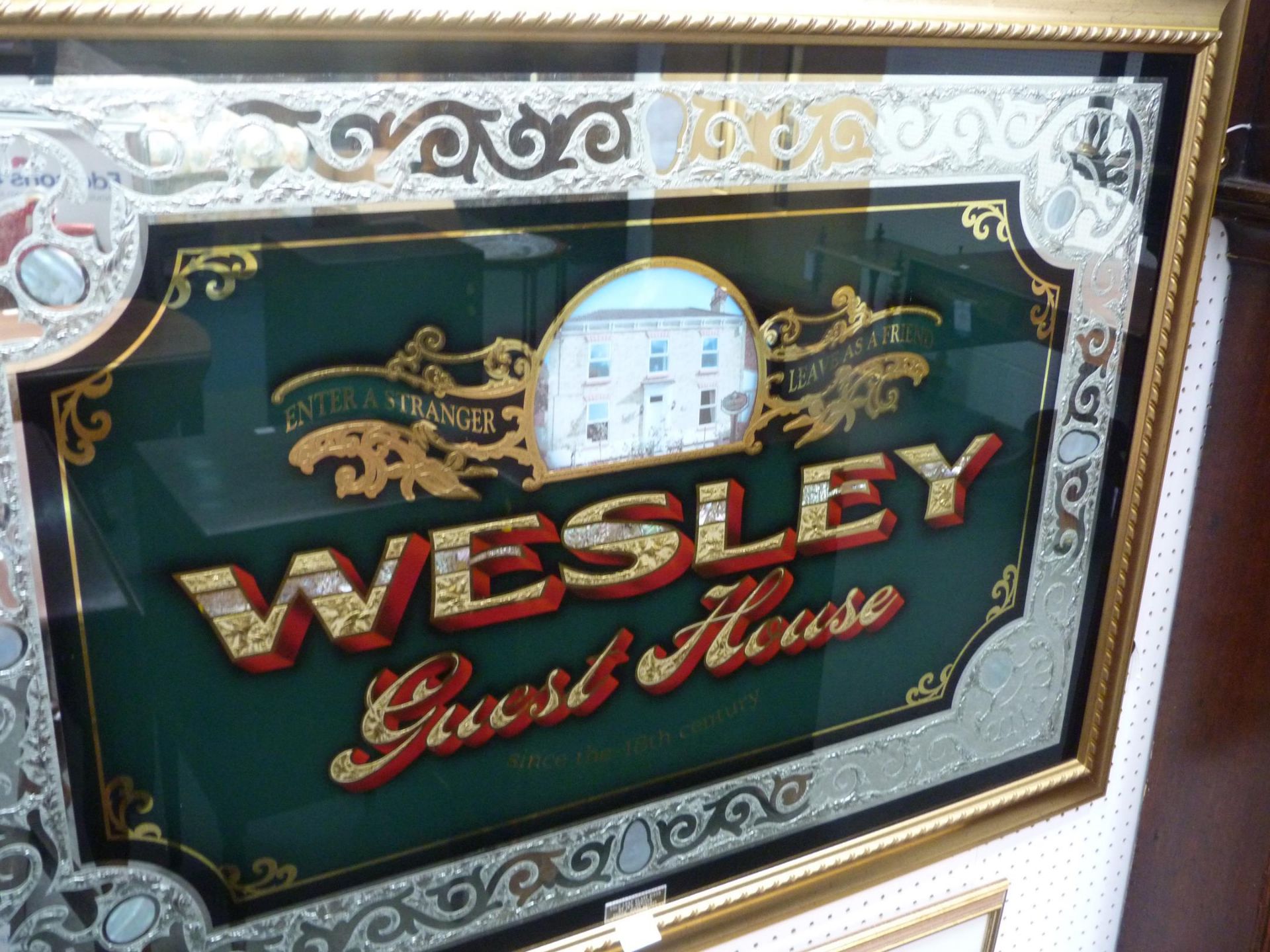 A heavily decorated 'chipped & gilded' Glass Panel Mirror of Wesley Guest House. This Panel includes - Image 2 of 6