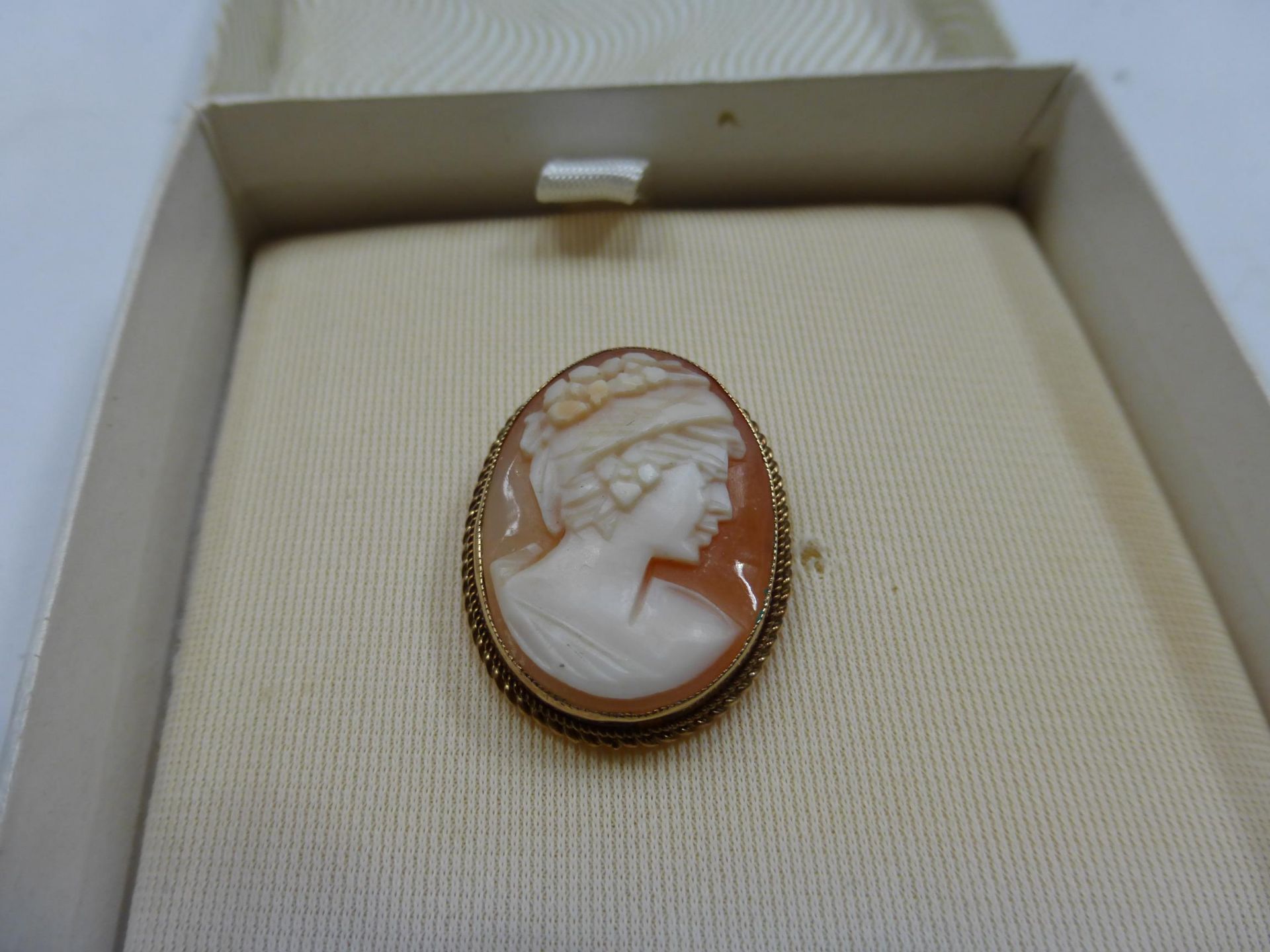 A 9ct Gold mounted carved Cameo Pendant Brooch, hallmarked (est. £25-£40)