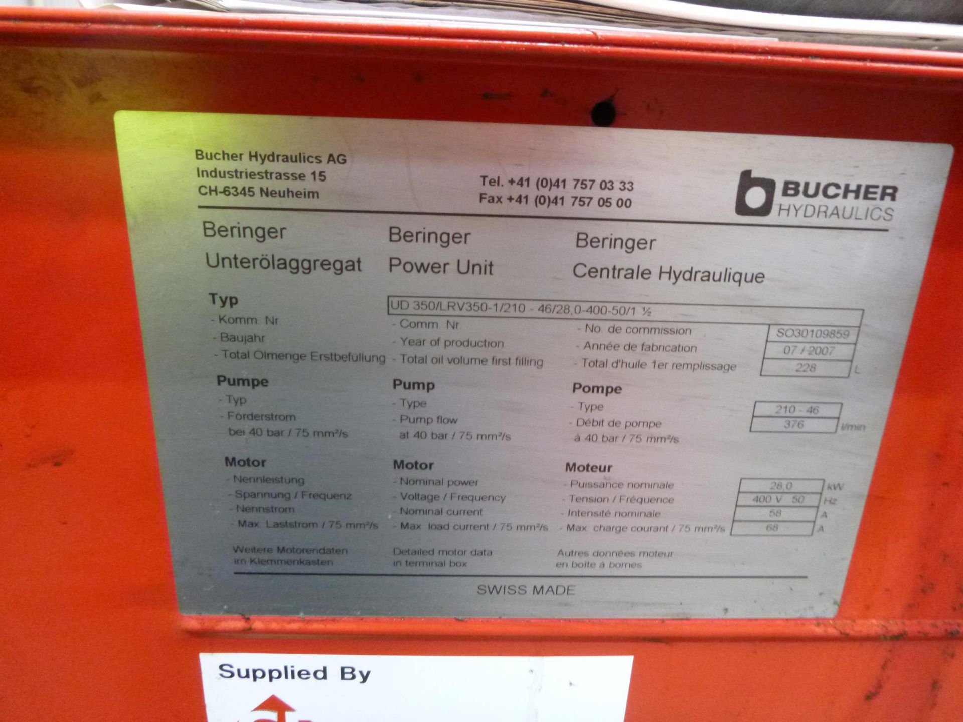 * A Bucher Hydraulics Beringer Power Unit YOM 07/2007 S/N S030109859. Total Oil Volume 228L. - Image 2 of 5