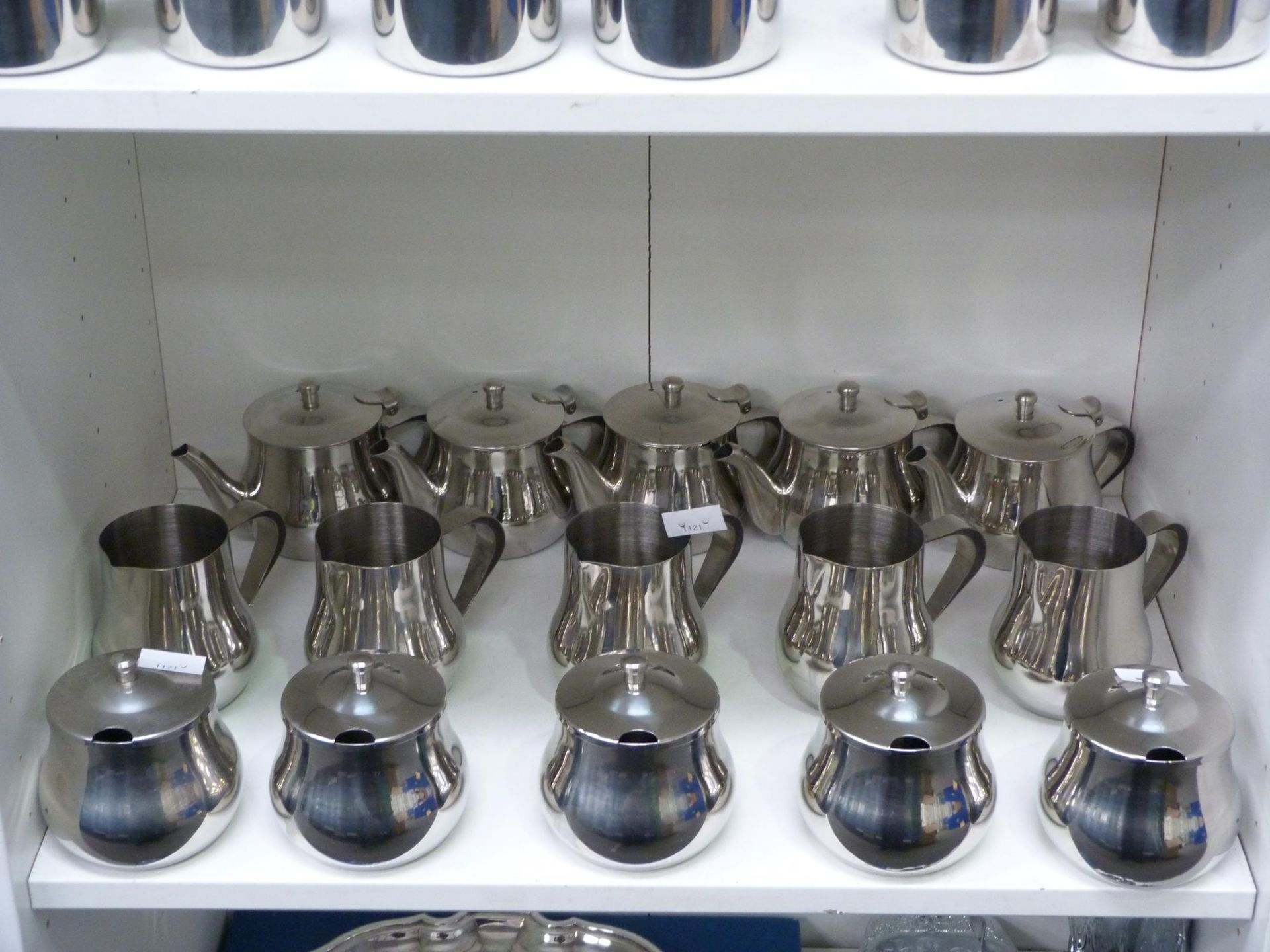 Four shelves to contain a selection of stainless steel tea/coffee items, including teapots, jugs - Image 2 of 4