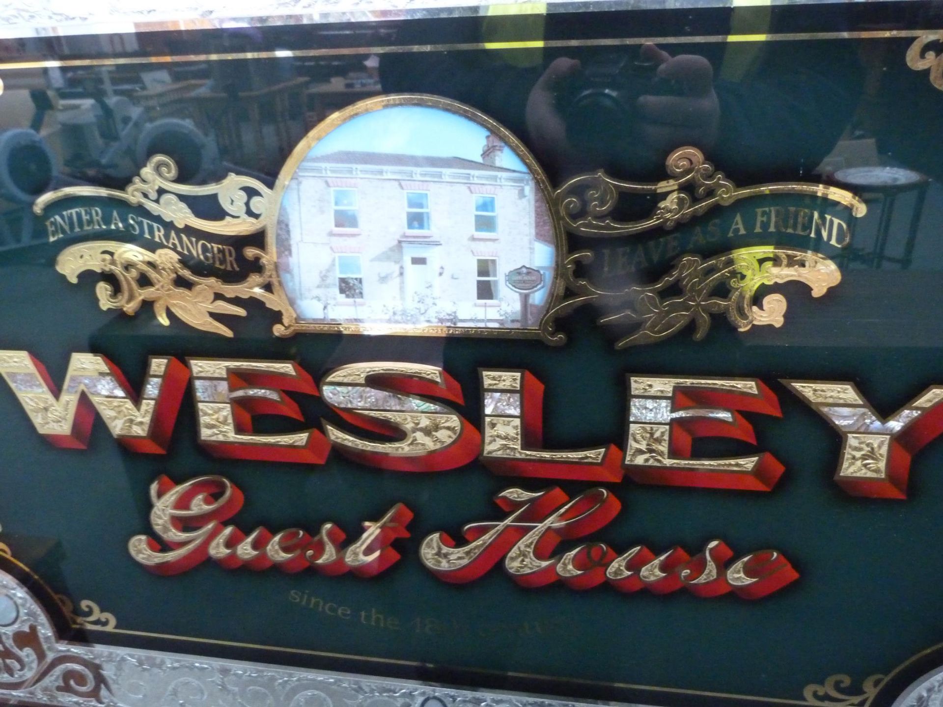 A heavily decorated 'chipped & gilded' Glass Panel Mirror of Wesley Guest House. This Panel includes - Image 4 of 6